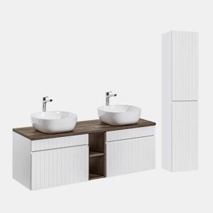 Conjunto móvel lavatório duplo Zelie branco e madeira 140cm 2 nichos e coluna