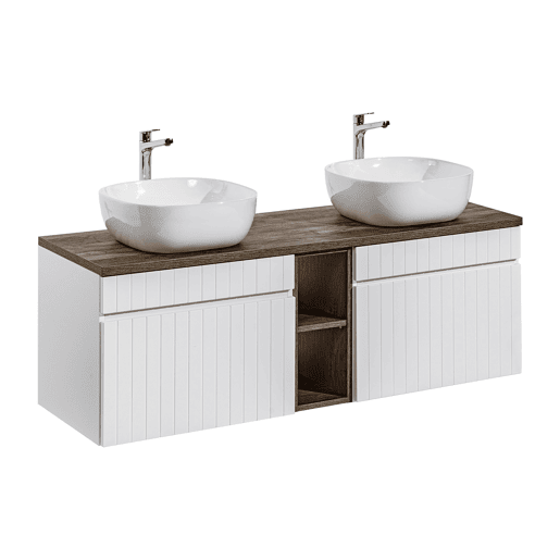 Conjunto móvel lavatório duplo Zelie branco e madeira 140cm 2 nichos e coluna