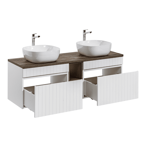 Conjunto móvel lavatório duplo Zelie branco e madeira 140cm 2 nichos e coluna