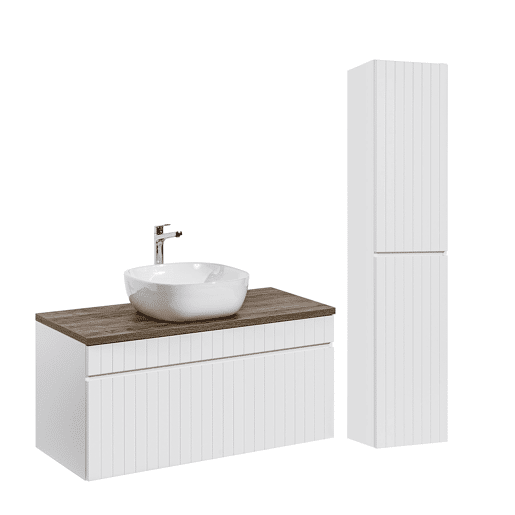 Conjunto móvel lavatório individual 100cm e coluna Zelie branco e madeira
