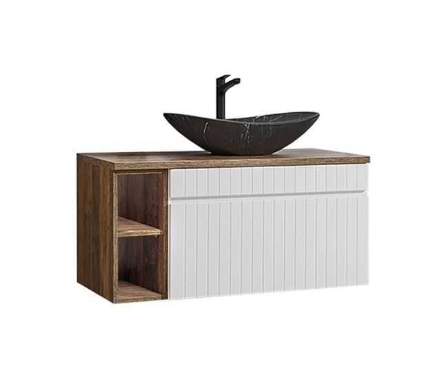 Mueble lavabo simple 100 cm 2 nichos Zelie Blanco Madera y Negro