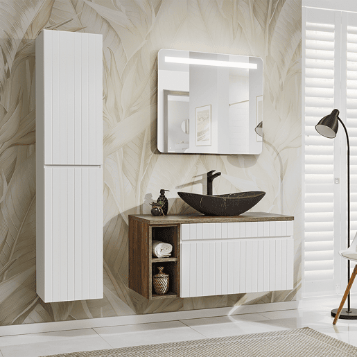 Móvel lavatório único 100cm 2 nichos Zelie Branco Madeira e Preto