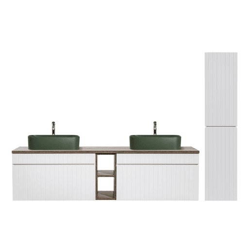 Conjunto móvel lavatório duplo 180cm 2 nichos e coluna Zelie Branco Madeira e Verde