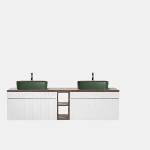 Conjunto móvel lavatório duplo 180cm 2 nichos e coluna Zelie Branco Madeira e Verde