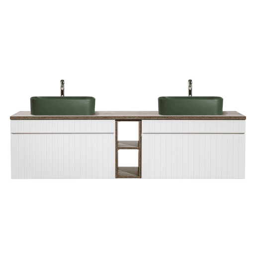 Conjunto móvel lavatório duplo 180cm 2 nichos e coluna Zelie Branco Madeira e Verde