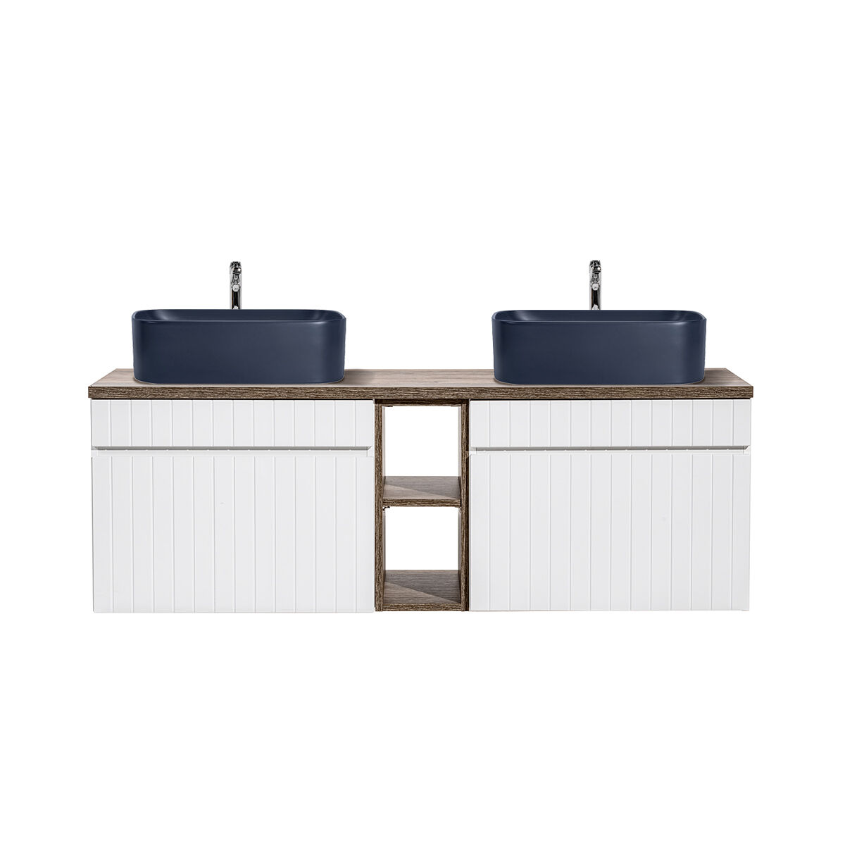 Mueble lavabo doble 140 cm 2 nichos zelie blanco madera y azul