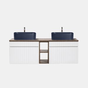 Móvel lavatório duplo 140cm 2 nichos Zelie Branco Madeira e Azul