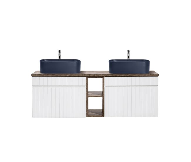 Mueble lavabo doble 140 cm 2 nichos zelie blanco madera y azul
