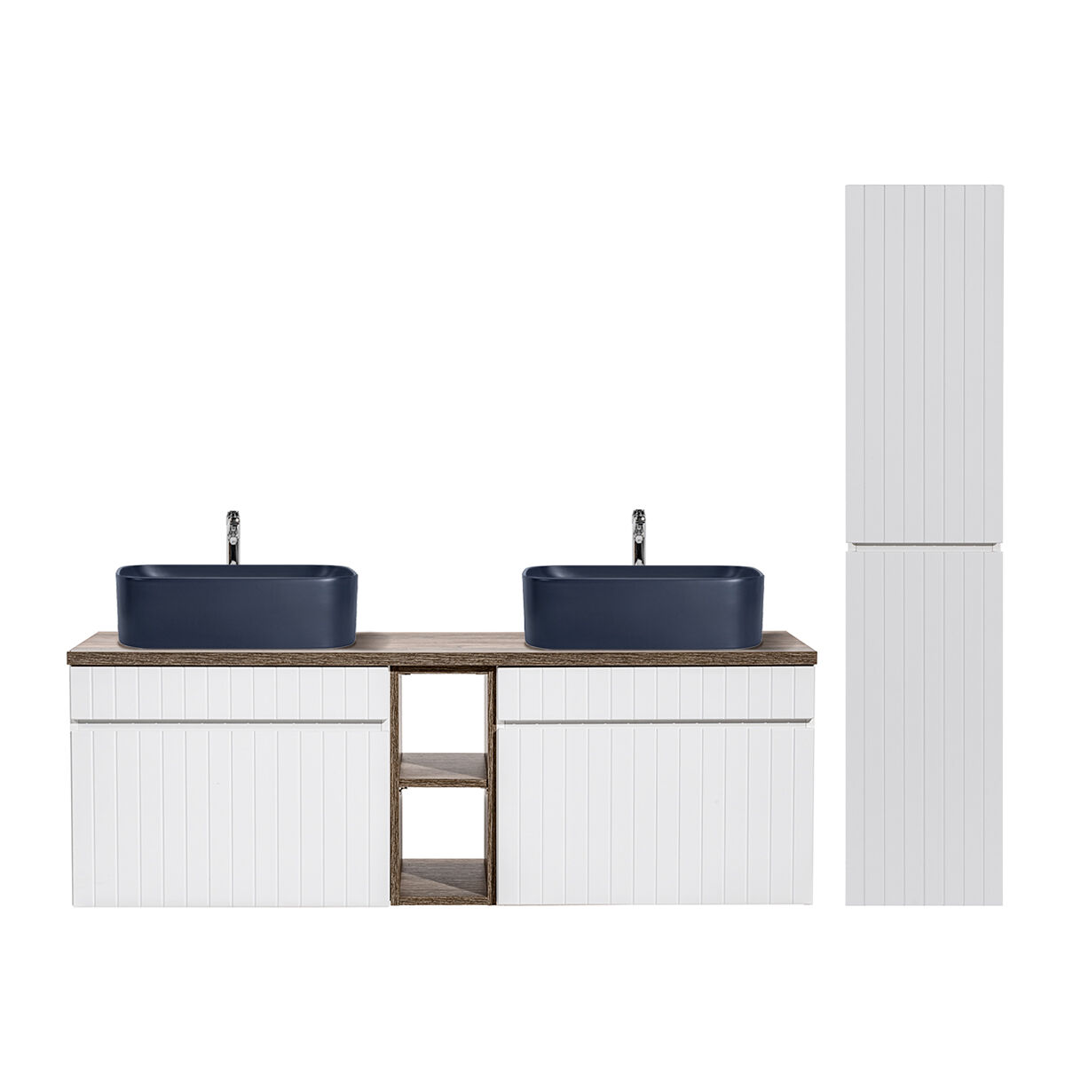 Conjunto mueble lavabo doble 140cm 2 nichos y columna zelie blanco madera y azul