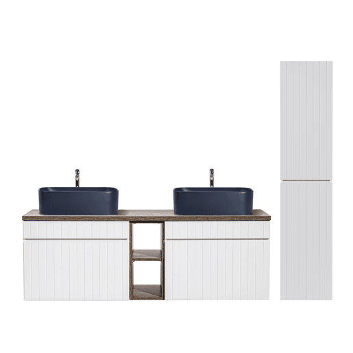 Conjunto móvel lavatório duplo 140cm 2 nichos e coluna Zelie Branco Madeira e Azul