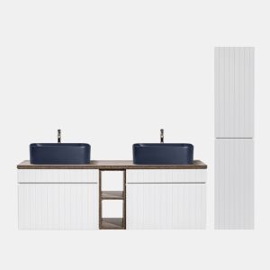 Conjunto móvel lavatório duplo 140cm 2 nichos e coluna Zelie Branco Madeira e Azul