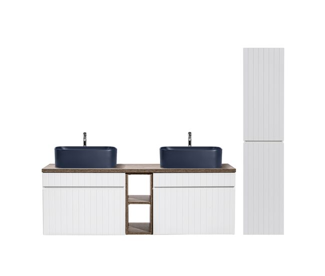 Conjunto mueble lavabo doble 140cm 2 nichos y columna zelie blanco madera y azul