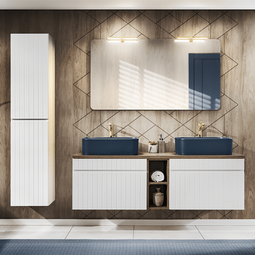 Conjunto móvel lavatório duplo 140cm 2 nichos e coluna Zelie Branco Madeira e Azul