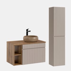 Conjunto móvel lavatório individual 80cm 2 nichos e coluna Zelie Caxemira e Madeira
