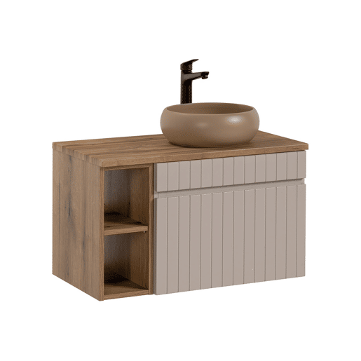 Conjunto móvel lavatório individual 80cm 2 nichos e coluna Zelie Caxemira e Madeira