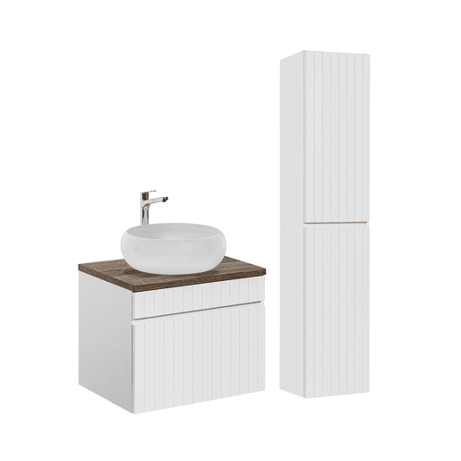 Conjunto móvel lavatório redondo simples 60cm e coluna Zelie branco e madeira