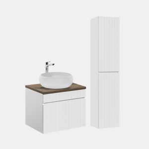 Conjunto móvel lavatório redondo simples 60cm e coluna Zelie branco e madeira