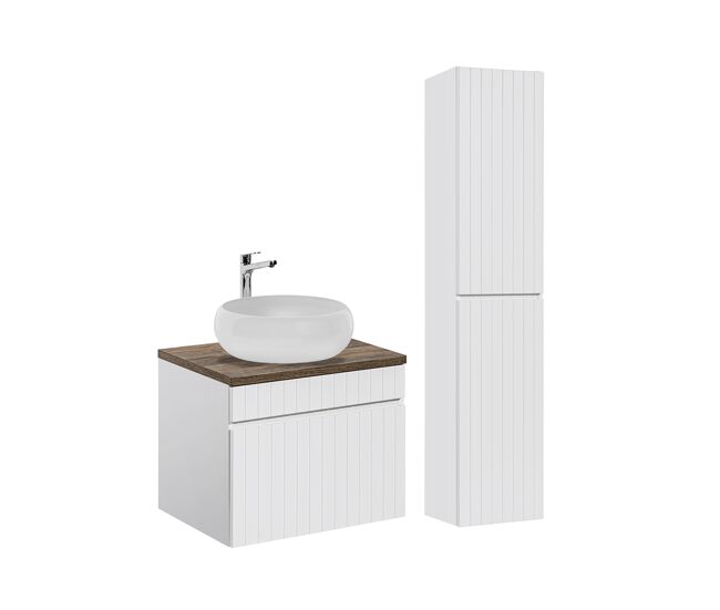 Conjunto mueble lavabo individual redondo 60cm y columna zelie blanco y madera