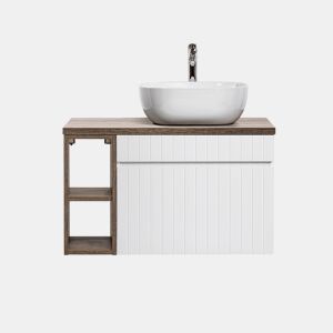 Móvel lavatório simples 80cm 2 nichos Zelie branco e madeira