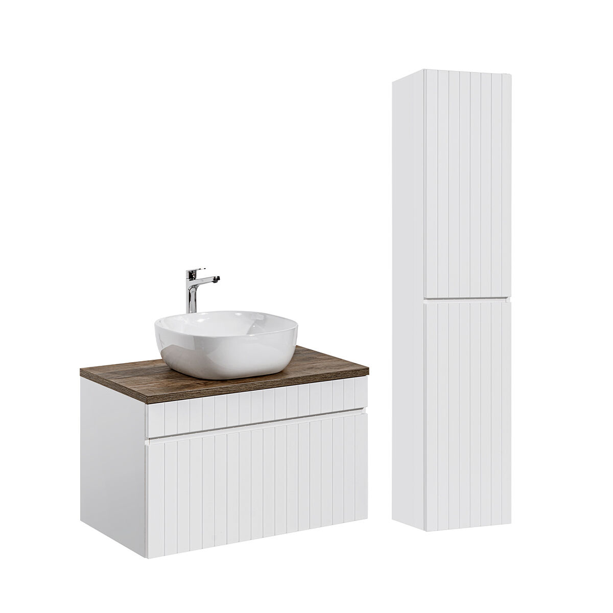Conjunto mueble lavabo individual 80cm y columna zelie blanco y madera