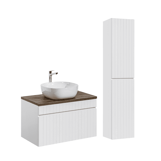 Conjunto móvel lavatório individual 80cm com coluna Zelie branco e madeira