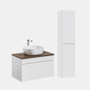 Conjunto móvel lavatório individual 80cm com coluna Zelie branco e madeira