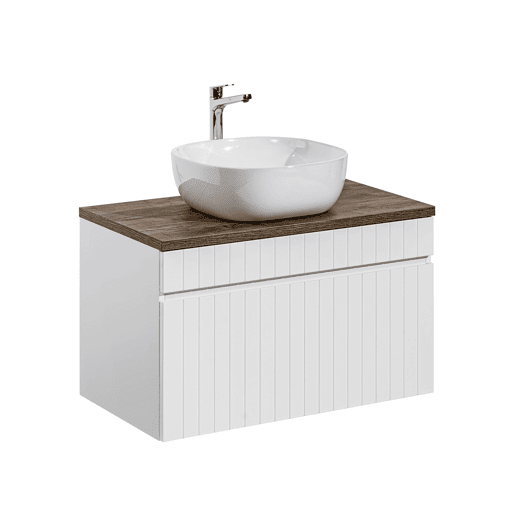 Conjunto móvel lavatório individual 80cm com coluna Zelie branco e madeira