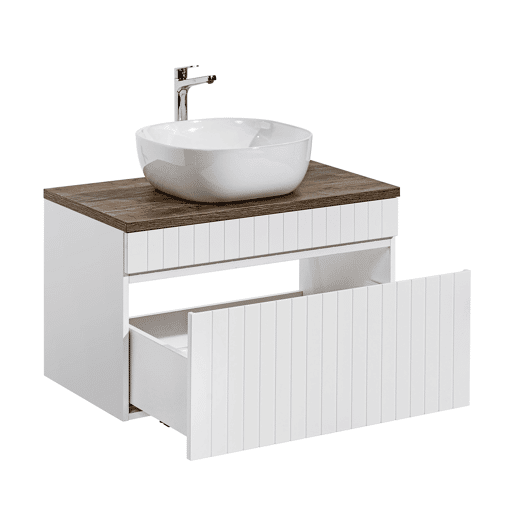 Conjunto móvel lavatório individual 80cm com coluna Zelie branco e madeira