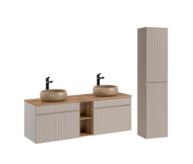 Conjunto mueble lavabo doble 140cm 2 nichos y columna zelie cachemira y madera