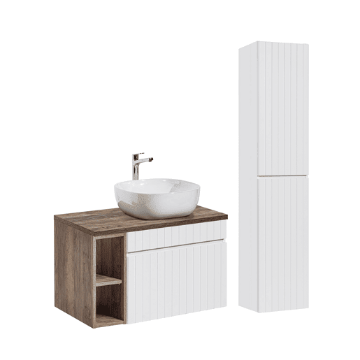 Conjunto móvel lavatório simples 80cm 2 nichos e coluna Zelie branco e madeira