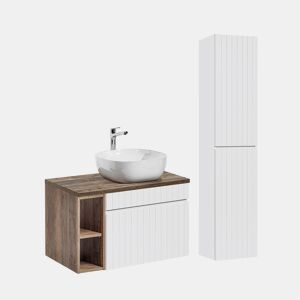 Conjunto móvel lavatório simples 80cm 2 nichos e coluna Zelie branco e madeira