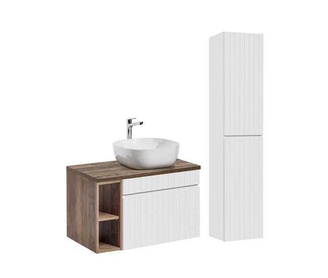 Conjunto mueble lavabo individual 80 cm 2 nichos y columna zelie blanco y madera
