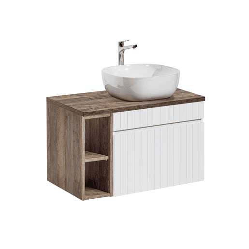 Conjunto móvel lavatório simples 80cm 2 nichos e coluna Zelie branco e madeira