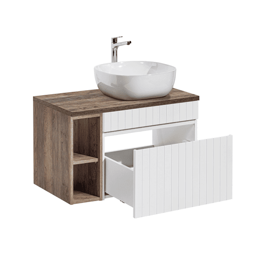 Conjunto móvel lavatório simples 80cm 2 nichos e coluna Zelie branco e madeira