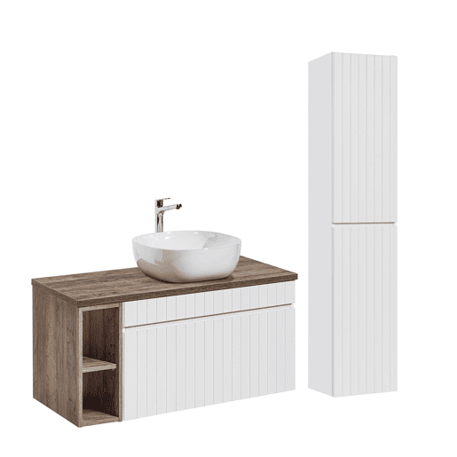 Conjunto móvel lavatório único 100cm 2 nichos e coluna Zelie Branco e Madeira