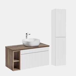 Conjunto móvel lavatório único 100cm 2 nichos e coluna Zelie Branco e Madeira