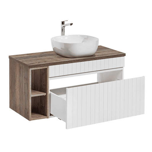 Conjunto móvel lavatório único 100cm 2 nichos e coluna Zelie Branco e Madeira
