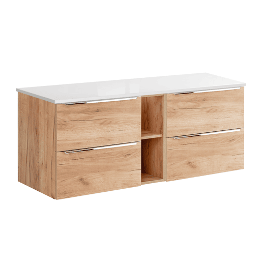 Móvel sob lavatório 140cm 2 nichos April Madeira e Branco