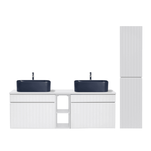 Conjunto móvel lavatório duplo 140cm 2 nichos e coluna Zelie Branco e Azul
