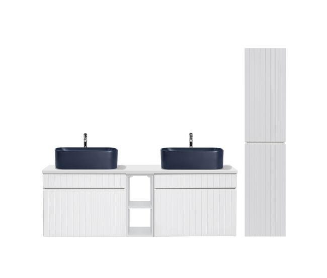 Conjunto mueble lavabo doble 140cm 2 nichos y columna zelie blanco y azul