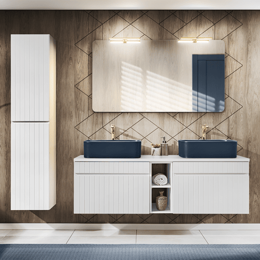 Conjunto móvel lavatório duplo 140cm 2 nichos e coluna Zelie Branco e Azul
