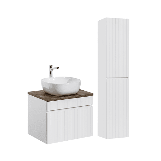 Conjunto móvel lavatório simples 60cm com coluna Zelie branco e madeira