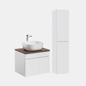 Conjunto móvel lavatório simples 60cm com coluna Zelie branco e madeira