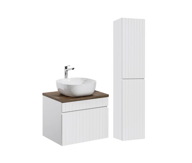 Conjunto mueble lavabo individual 60cm y columna zelie blanco y madera
