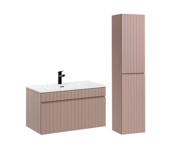 Conjunto lavabo individual encastrado 80 cm y mueble columna zelie rosado