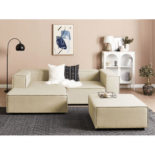 Sofá de canto modular APRICA Linho sintético Creme com repousa-pés 2 lugares à direita