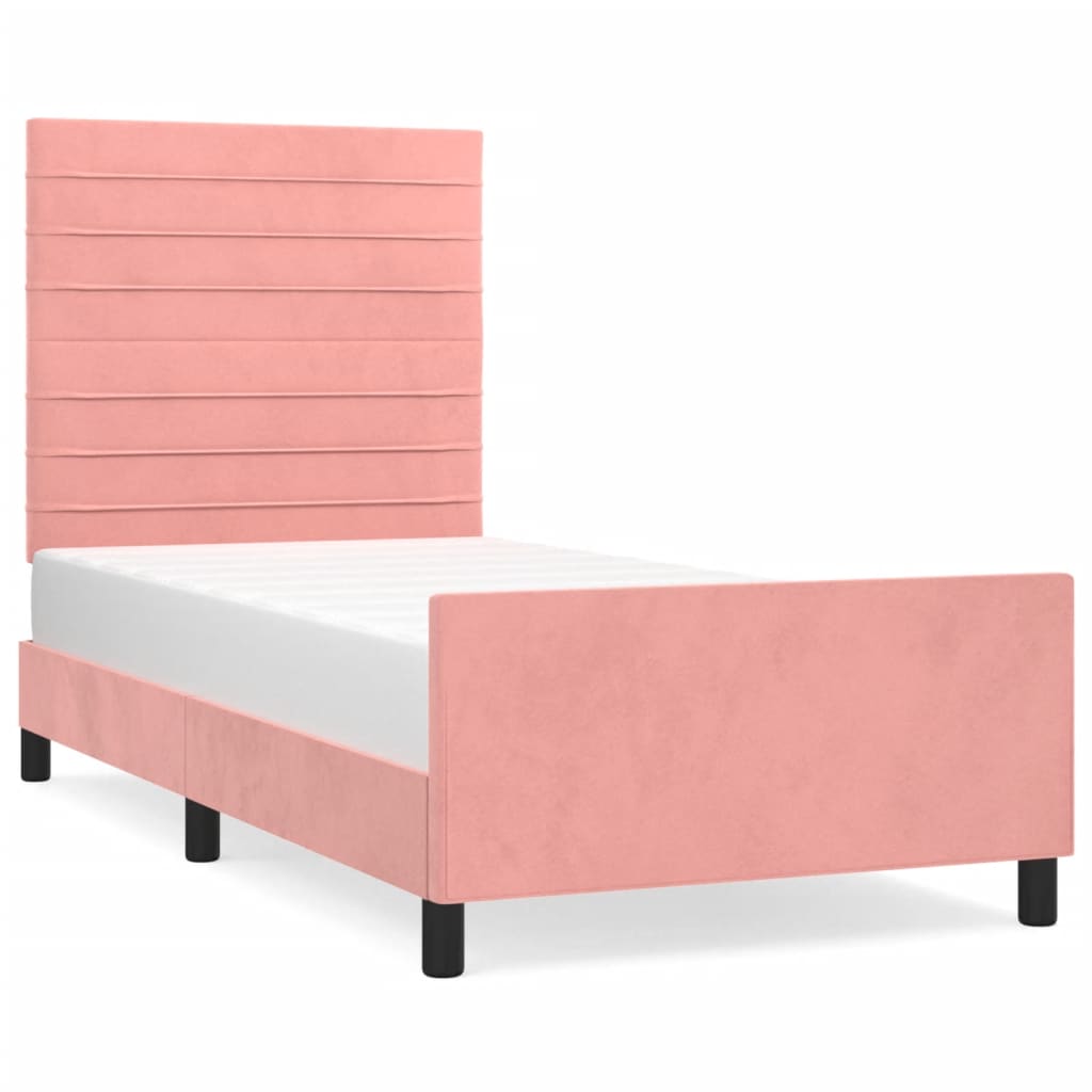 Estructura de cama con cabecero de terciopelo rosa 90x200 cm rayas horizontales