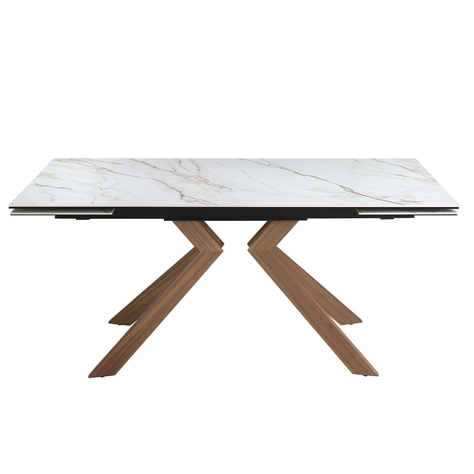 ANGEL CERDA Mesa comedor extensible rectangular mármol porcelánico y acero efecto nogal 260x90