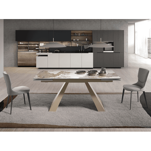 ANGEL CERDA Mesa de jantar extensível retangular em mármore porcelânico e aço cinzento taupe
