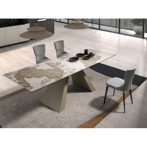 ANGEL CERDA Mesa de jantar extensível retangular em mármore porcelânico e aço cinzento taupe